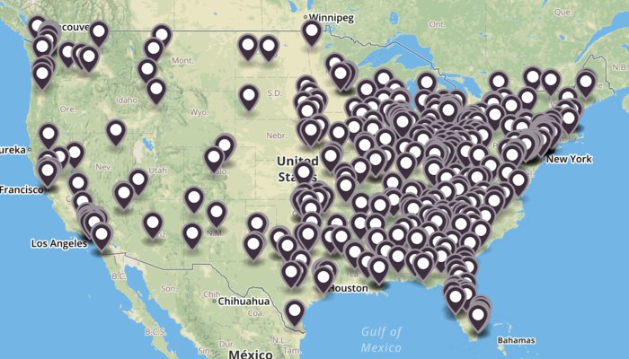 A map of 500 colleges and universities that reported having zero sexual assaults between 2010 and 2012
